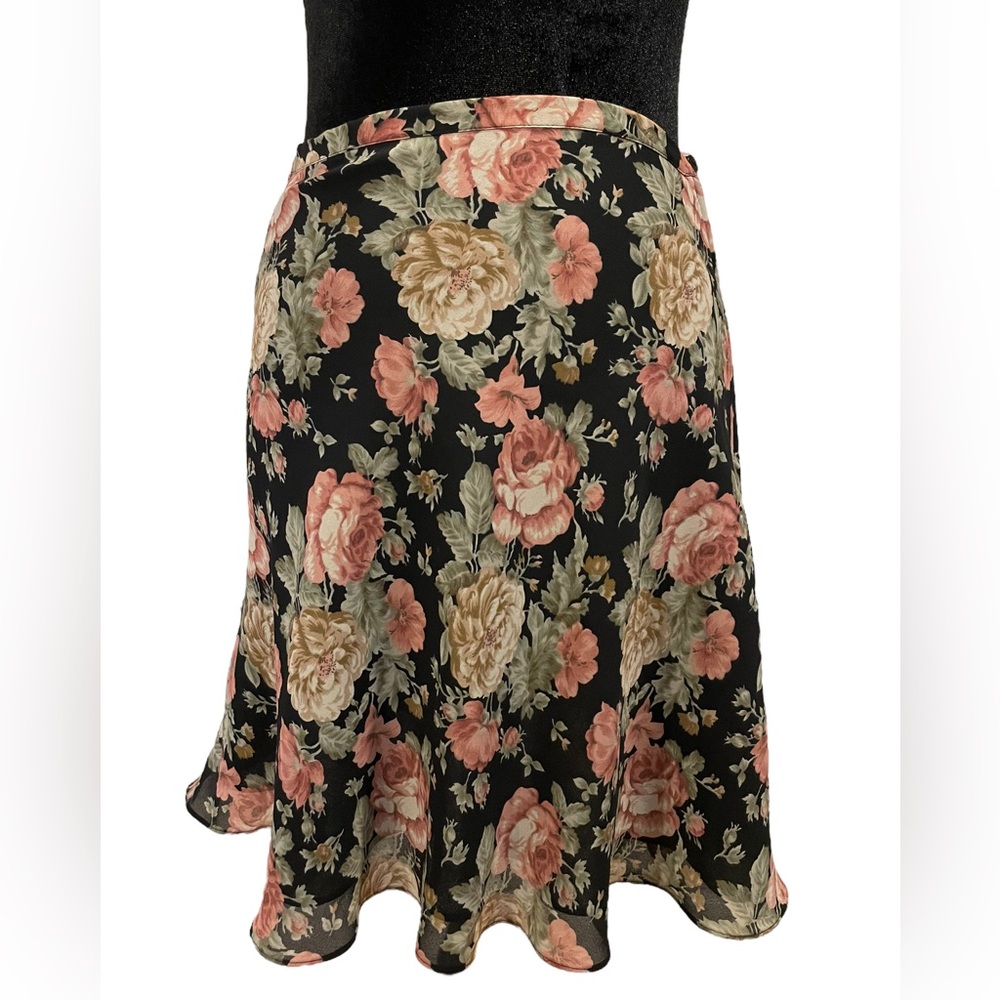 Floral Black Mini Skirt with Pink Rose Print